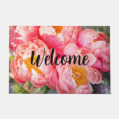 編集可能ピンク牡丹へようこそ ドアマット (正面)