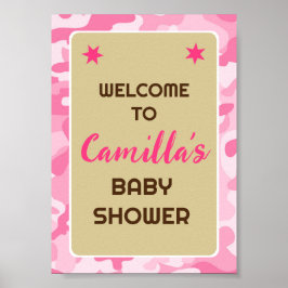 編集可能ピンク迷彩柄パーティーウェルカムサイン ポスター