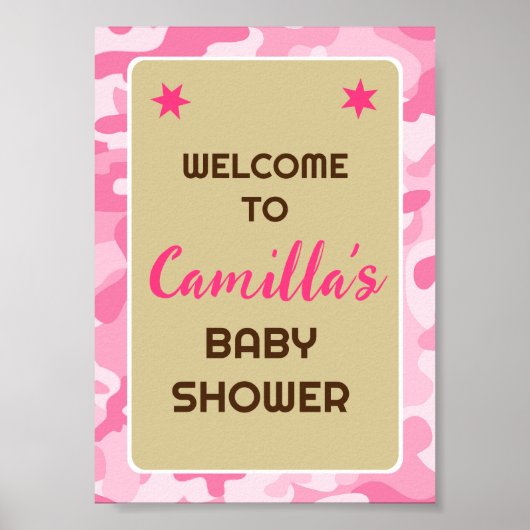 編集可能ピンク迷彩柄パーティーウェルカムサイン ポスター (正面)