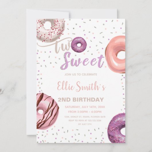 編集可能ピンク2nd誕生日パーティー招待状 招待状 (正面)