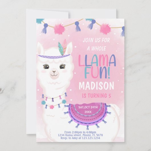 編集可能ピンク&パープルラマ誕生日 招待状 (正面)