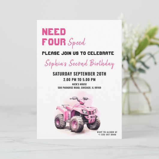 編集可能ピンクATVバイク誕生日招待状 招待状 (スタンド正面)