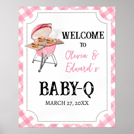 編集可能ピンクBBQ赤ちゃんシャワー歓迎サイン、女の子 ポスター (正面)