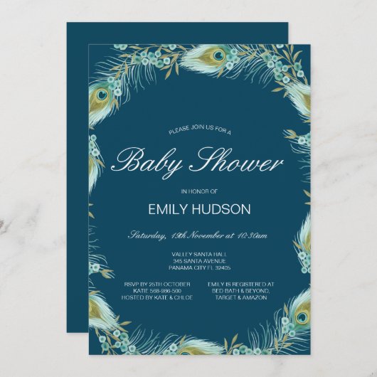 編集可能ピーコックをテーマにしたベビーシャワー招待状 招待状 (正面/裏面)