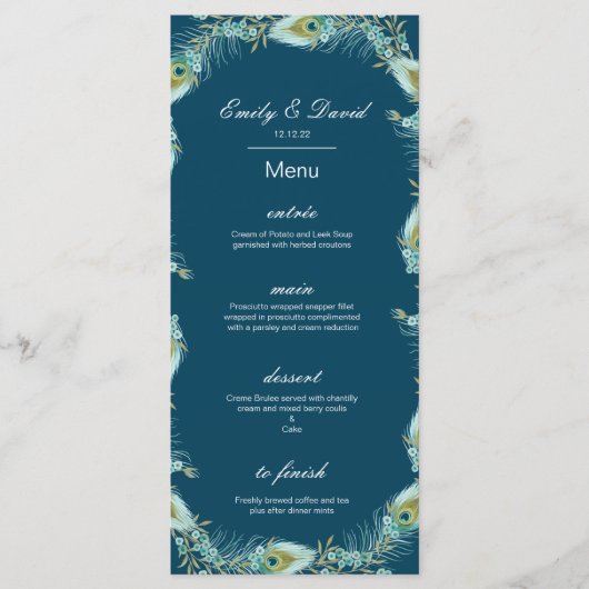 編集可能ピーコックメニュ結婚ー、のメニュー、ベビーシャワー メニュー (正面)