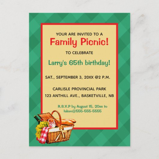 編集可能ファミリーピクニックバースデーパーティー インビテーションポストカード (正面)