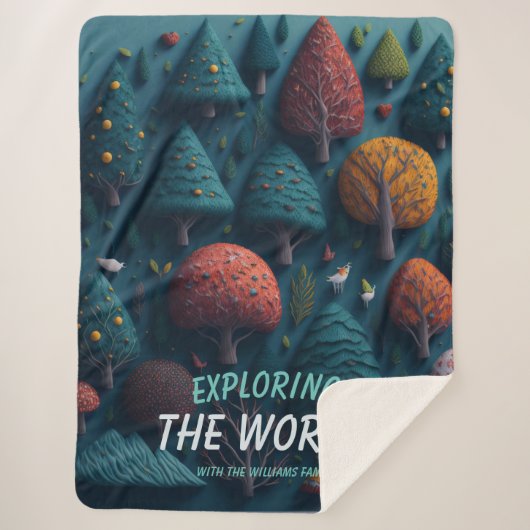 編集可能ファンタジーヤーンの森の鳥と木 シェルパブランケット (正面)