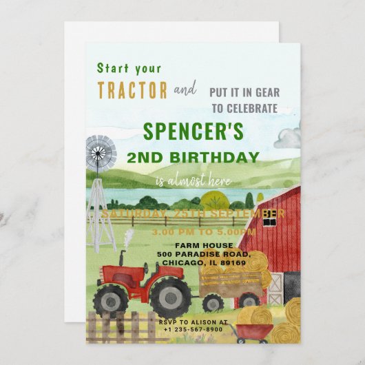 編集可能ファームトラクタ誕生日招待状 招待状 (正面/裏面)