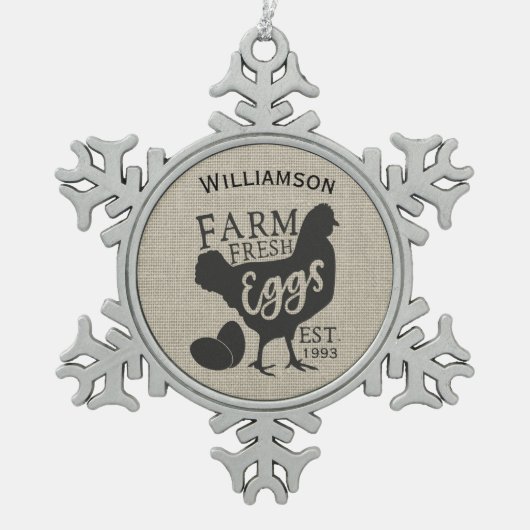 編集可能ファームハウススタイルファミリーファームエッグ スノーフレークピューターオーナメント (正面)