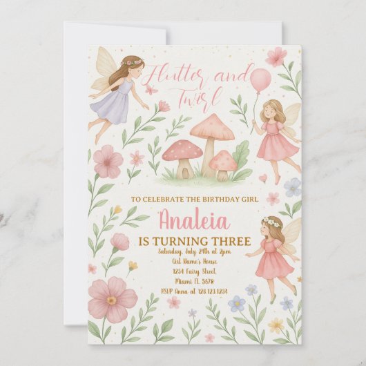 編集可能フェアリーガーデン誕生日招待状 招待状 (正面)