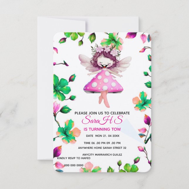 編集可能フェアリー誕生日招待状、フェアリー誕生日 (正面)