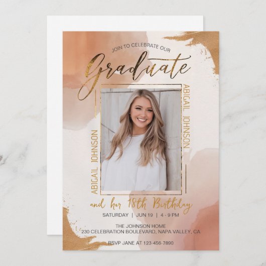 編集可能フォトキャッチ誕生日卒業 招待状 (正面/裏面)