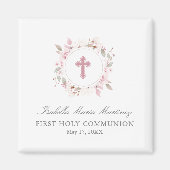 編集可能フォトファーストコミューオンピンクの花のお気に入り マグネット (正面)