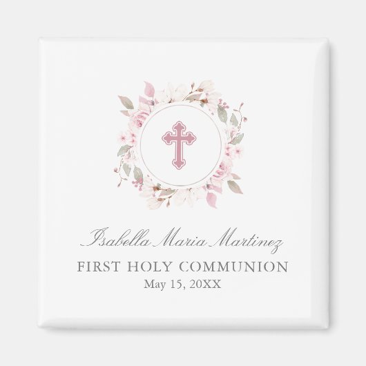 編集可能フォトファーストコミューオンピンクの花のお気に入り マグネット (正面)