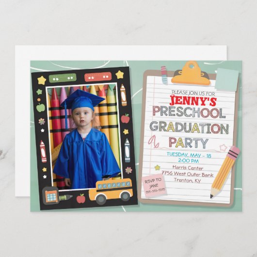 編集可能フォトメモ帳プレスクール卒業チョーク 招待状 (正面/裏面)