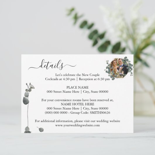 編集可能フォトユーカリの結婚詳細エンクロシュル エンクロージャーカード (スタンド正面)