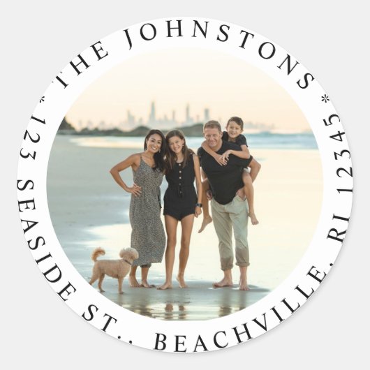 編集可能フォト差出人住所ラベル ラウンドシール (正面)