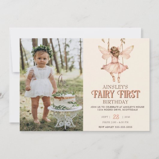 編集可能フォト赤面ピンクフェアリー最初の誕生日 招待状 (正面)