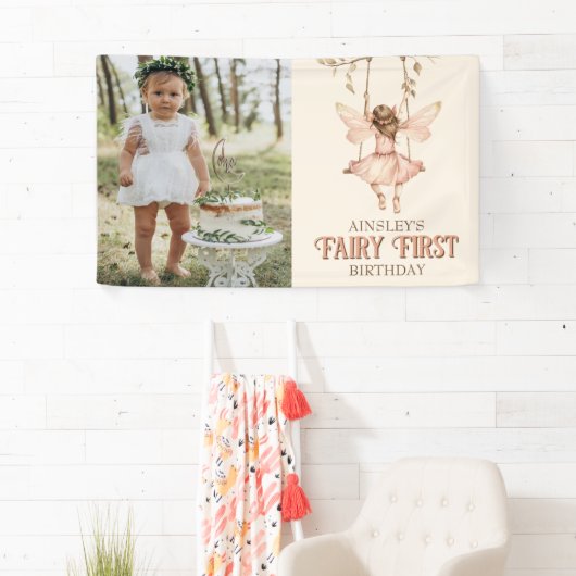 編集可能フォト赤面ピンクフェアリー最初の誕生日 横断幕 (インサイチュ)