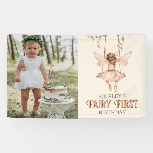 編集可能フォト赤面ピンクフェアリー最初の誕生日 横断幕 (横)