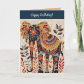 編集可能フォークアートエレファント誕生日 カード (正面)