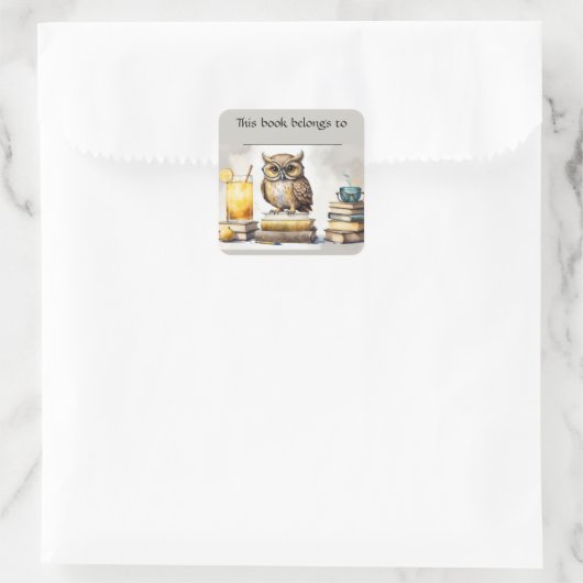 編集可能フクロウとブックの蔵書票シール スクエアシール (バッグ)