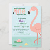 編集可能フラミンゴファースト誕生日招待状 招待状 (正面)