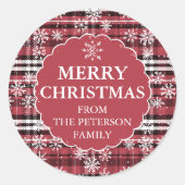 編集可能フランネル格子模様ダークレッドのクリスマス ラウンドシール (正面)