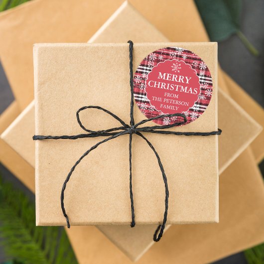 編集可能フランネル格子模様ダークレッドのクリスマス ラウンドシール