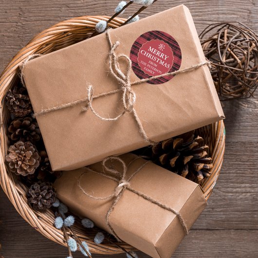 編集可能フランネル格子模様金ゴールド赤クリスマス ラウンドシール