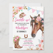 編集可能フローラ女性のカーボーイ馬誕生日招待状 招待状 (正面)