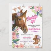 編集可能フローラ女性のカーボーイ馬誕生日 招待状 (正面)
