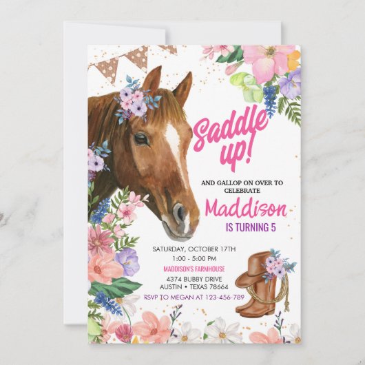 編集可能フローラ女性のカーボーイ馬誕生日 招待状 (正面)