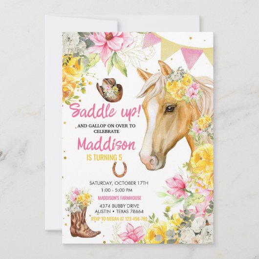 編集可能フローラ女性のカーボーイ馬誕生日 招待状 (正面)