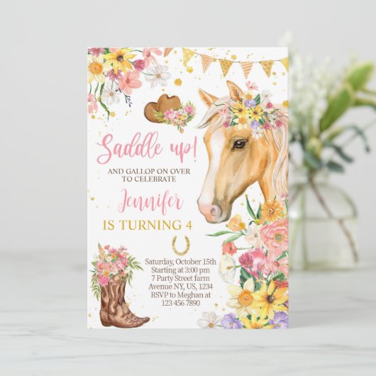 編集可能フローラ馬誕生日招待状テンプレート 招待状 (スタンド正面)