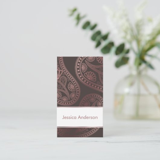 編集可能ブラウンのばら色の金ゴールドのペイズリーのトリオパターン 名刺 (スタンド正面)