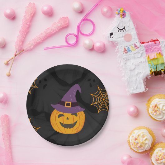 編集可能ブラックオレンジカボチャハローウィンパーティ ペーパープレート (パーティー)
