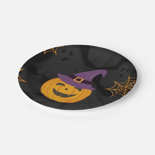 編集可能ブラックオレンジカボチャハローウィンパーティ ペーパープレート (アングル)