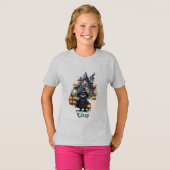 編集可能ブラックキャットウィッチパンプキンユースハロウィーン Tシャツ (正面フル)