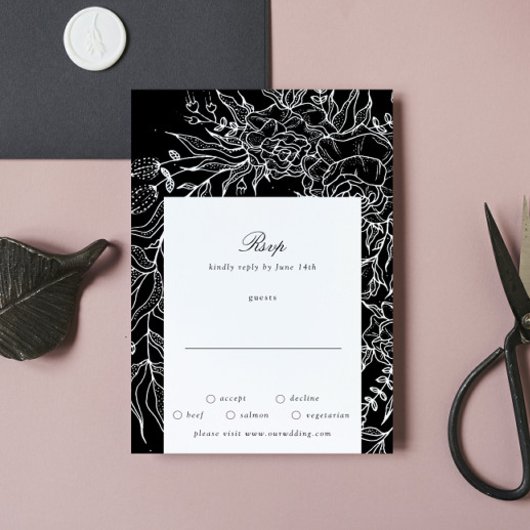 編集可能ブラックフラワーホワイトリース結婚ズ 出欠カード