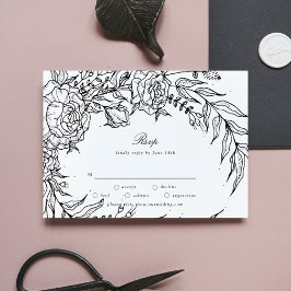 編集可能ブラックフラワーホワイトリース結婚ズ 出欠カード