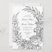 編集可能ブラックフラワーホワイトリース結婚ズ 招待状 (正面)