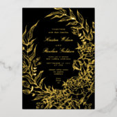 編集可能ブラックフラワー金ゴールド結婚リース 箔招待状 (正面)