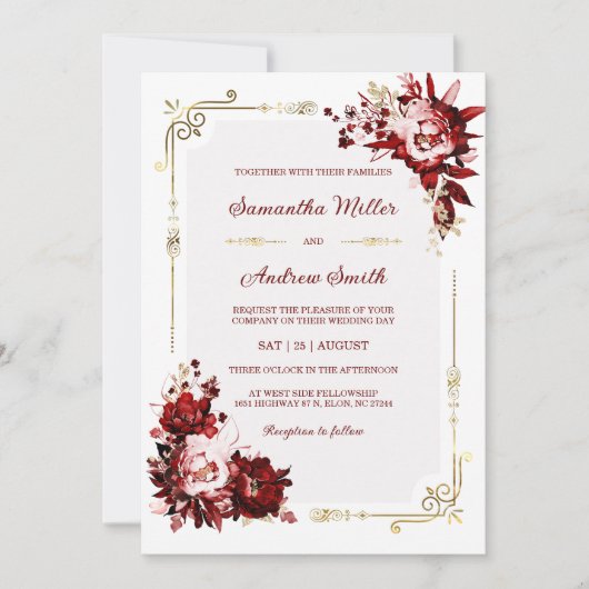 編集可能ブルゴーニュと金ゴールド結婚のテンプレート 招待状 (正面)