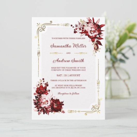 編集可能ブルゴーニュと金ゴールド結婚のテンプレート 招待状 (スタンド正面)