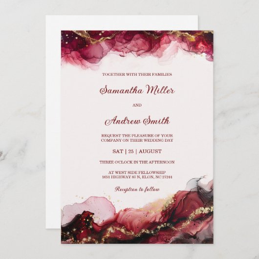 編集可能ブルゴーニュと金ゴールド結婚のテンプレート 招待状 (正面/裏面)