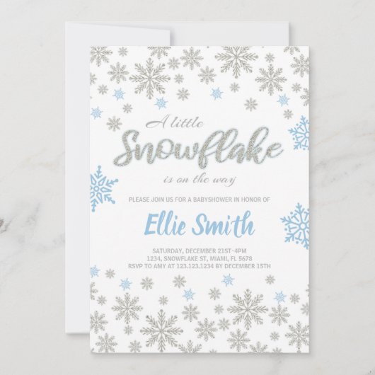編集可能ブルーシルバーグリッターウィンターベビーショウ 招待状 (正面)