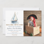 編集可能ブルーセイロートフォト誕生日招待状 招待状 (正面)