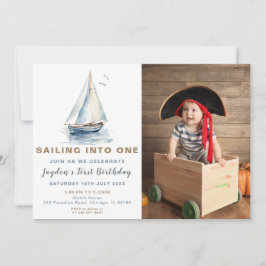 編集可能ブルーセイロートフォト誕生日招待状 招待状