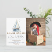 編集可能ブルーセイロートフォト誕生日招待状 招待状 (スタンド正面)